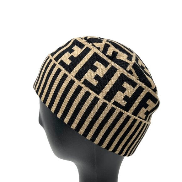 FENDI Vintage Zucca Monogram Knit Beanie #42 Cap Beige Black Wool [105009] - Picture 5 of 10